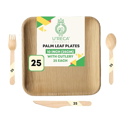 Eco-Friendly Areca Palm Leaf Meal Combo | 10 Square Plates (25) + Birchwood Cutlery (Forks, Knives, Spoons - 25 Each) | Total Pack of 100 | Ideal for Restaurants | Leakproof, Sturdy, Biodegradable