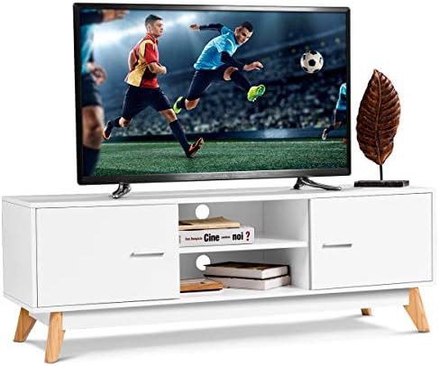 Tangkula Modern White TV Stand, Wooden TV Stand for 60 Inch TV, with 2 Storage Cabinets & 2 Open Shelves, for Home Living Room Furniture, Wood TV Stand