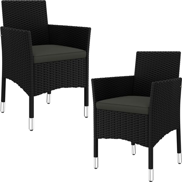 Yaheetech Set de 2 Sillones en Ratán y Acero, Muebles Jardín Exterior Resistentes a la Intemperie, Sillón para Conjunto Jardín Exterior, Cojines con Fundas Intercambiables (2, Negro/Gris)