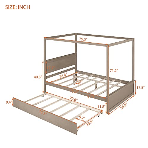 Full Size Canopy Bed With 2 Nightstands And Trundle,Wood Full Platform Bed With Headboard And Slat Support,Modern 4 Poster Panel Bed For Kids, Teens, Adults.no Box Spring Needed (Full, Light Brown) #TOP3