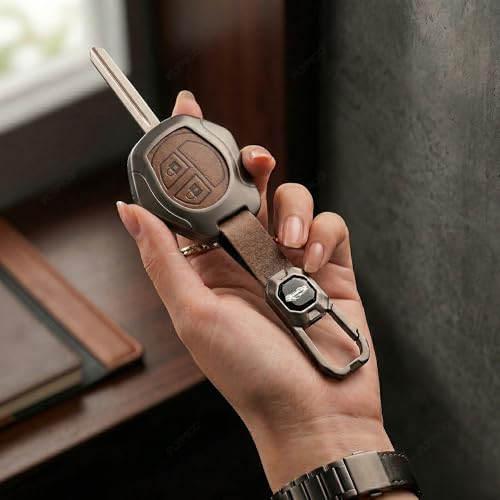 Image of Premium Metal Leather Key Cover Compatible with Maruti Suzuki S-Presso,Swift,SX4,DZire,Ignis,Alto,Vitara Brezza,Ertiga,Ciaz,Baleno,Ritz 2 Button Key Leather Protection with Keychain