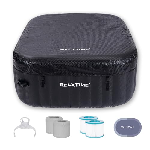 Inflatable Hot Tub 2-3 Person 110 Air Jets, Portable Blow Up Hottub with Cover, Built in Heater Pump, Square Outdoor Spa, Cup Holder, 2 Filters, Black