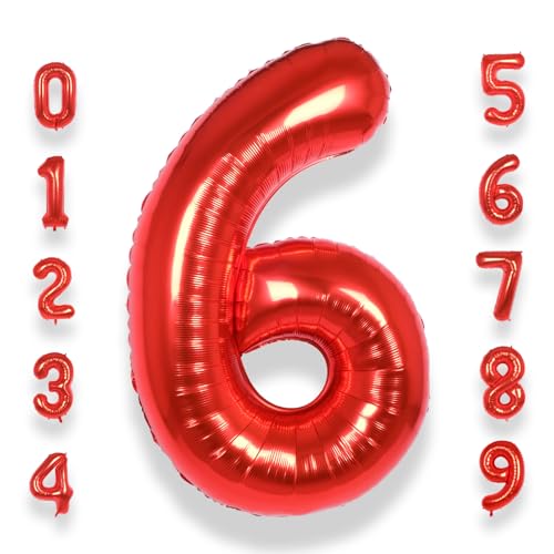 Ballon Géant Chiffre 6 Rouge: 40 Pouces 101 cm Grand Ballons Anniversaire Rouge Numero 6 ans à Hélium Ballon de Baudruche Mylar Décoration