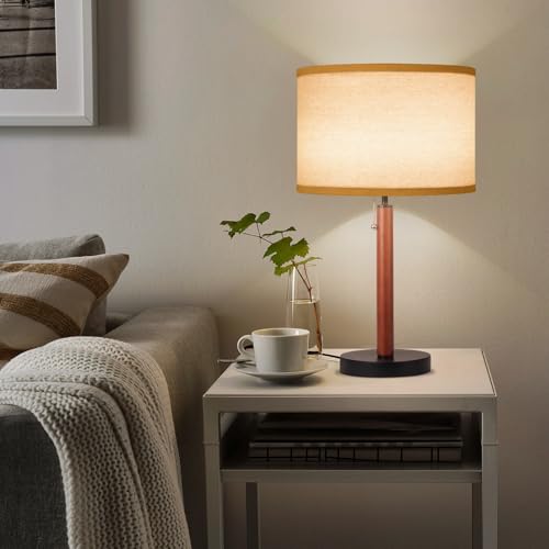 Mid Century Table Lamp,Walnut Wood Finish Table Lamps, Modern Mid Pull Chain Switch Bedside Lamps for Night Stands, Desk Lamp for Beding Room,Living Room,Reading Lamp with E26 Base,Linen LampShade - Image 7