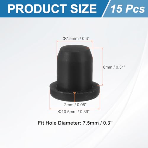 Image of uxcell 15Pcs Silicone Hole Plug, Waterproof Solid T-Shaped Rubber Stoppers Bottle Seal Tube Pipe Plug End Cap for 7.5mm /0.3 inch Hole for Bathtub Bottle, 0.31 inch Plug Height, Black