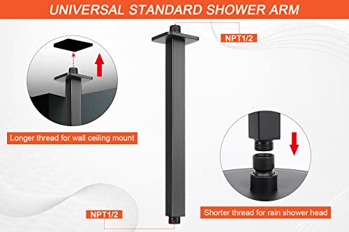 Image of Ceiling Mounted Shower Arm, Rain Shower Square Extension Arm with Flange and Teflon Tape Stainless Steel Ceiling Mount Shower Extender (12 Inch, Matte Black)