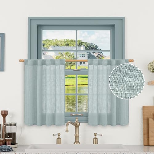LAMIT Short Linen Window Curtains 30 Inches Long 2 Panels, Greyish Blue Semi Sheer Light Filtering Panels Back Tab and Rod Pocket Neutral Drapes for Basement/Small Windows, 34 x 30 Inch