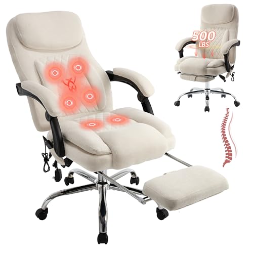 Image of 500LBS Massage Office Chair, 6 Points Vibration & Heat Executive Office Chairs, 135Reclining Comfy Desk Chair with Foot Rest, Wider & Thicker Seat Cushion, Fabric Big and Tall Gaming Chair, Beige