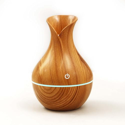 Image of Aroma Diffuser Humidifier with LED Light Ring, Wood Grain Design, USB Powered Mist Diffuser for Essential Oil and Water (Light Brown Vase)