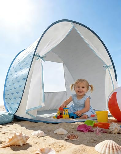 WEMOH Baby Beach Tent, 2026 New Pop-Up UPF 50+ Sun Protection with Mosquito Net Shelter Canopy Portable Outdoor Shade Summer Essentials for Babies Toddlers - Blue Wave