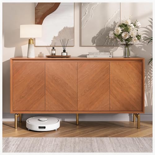 Image of 59 inch Sideboard Buffet Cabinet with Storage, Mid Century Modern Accent Cabinet with Herringbone Doors & Adjustable Shelves, Decorative Media Console Credenza for Living Room Kitchen Entryway, Red Walnut