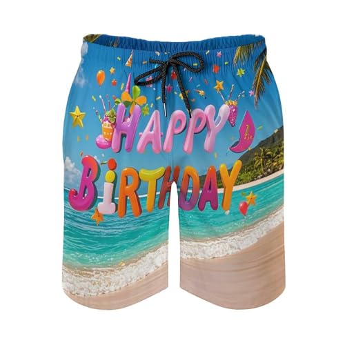 Mens Swim Trunks with Mesh Lining Happy Birthday on The Beach Beach Shorts Quick Dry Drawstring Board Shorts with Pocket XL