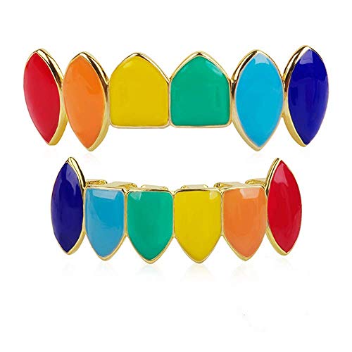 BESHINE Tekashi 6ix9ine Grillz, 14K Party Decoration Hip Hop Teeth Iced Out Gold Fang Grillz Top and Bottom Teeth Rainbow Grillz Set (Gold, Copper)