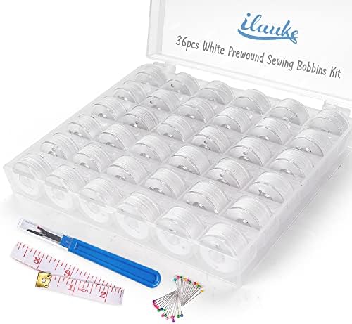 ilauke 36pcs White Sewing Thread 60WT Size A Prewound Bobbin Thread with Bobbin Case, Polyester Thread for Brother Singer BabyLock Janome Machines DIY Embroidery Thread