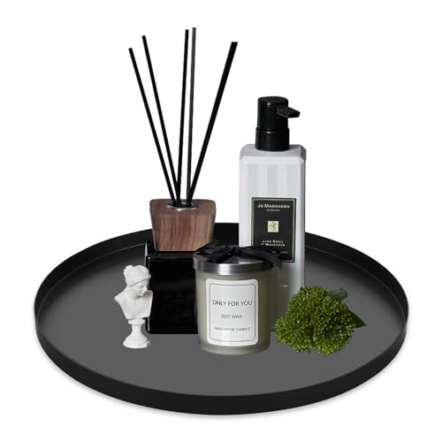 MUXHEL Rund Tablett Schwarz mit Anti-Rutsch, Ø 32cm, Dekotablett, Dekoteller, Dekoschale, Deko Tablett Edelstahl, Metall Serviertablett