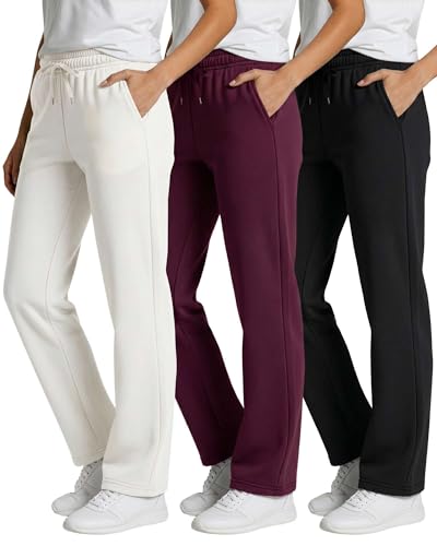 Image of Real Essentials 3 Pack: Women's Relaxed Fit Fleece Open Bottom Sweatpants - Casual Athleisure (Available in Plus)