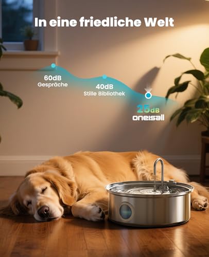 oneisall 7L Trinkbrunnen für Hunde, Edelstahl Hundebrunnen mit großem Sichtfenster, Wasserspender mit LED-Licht, Ultraleiser Pumpe mit Überlastschutz, 5-Schicht Filtration