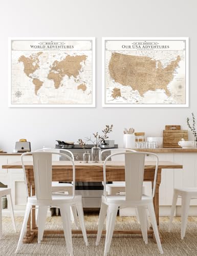 Image of IPIC - Vintage World Map & USA Map Canvas Wall Art Set of 2, Large Travel Art Prints for Office, Home, Study and RV, Push Pin Board Decor for Travel Lovers, Ready to Hang