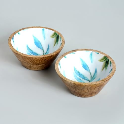 Image of SAAGA Mango Wood Nuts Bowl Set of 2-6 x 3 Inch Decorative Wooden Snack & Dry Fruit Bowls | Soup Serving Katori for Kitchen & Dining - White & Aquamarine