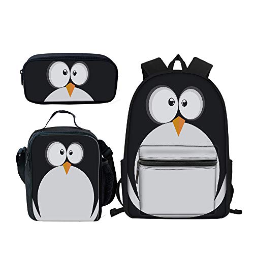 School Bags Backpack Set Penguin Print Boys Book Bags Daypack, Lunch Bag and Pencil Case