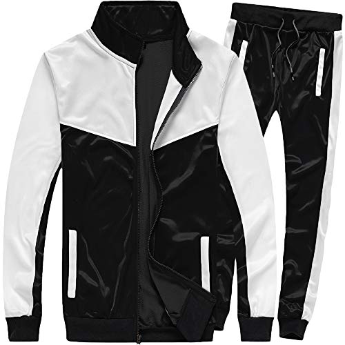 MACHLAB Men's Casual Tracksuit Long Sleeve Full-Zip Running Jogging Sports Jacket and Pants Black#57 XL