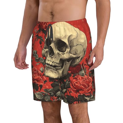 Men's Swim Trunks Quick Dry Beach Board Shorts Bathing Suits - Gothic Skull Rose Red Retro Art2