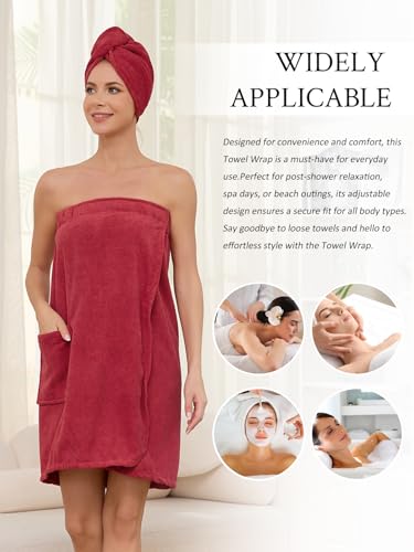 Image of Air Curvey Soft Wrap Towel for Women Lightweight Spa Body Wrap Shower Wrap Robe Adjustable Closure Bathrobe with Pocket Wine Red S /M