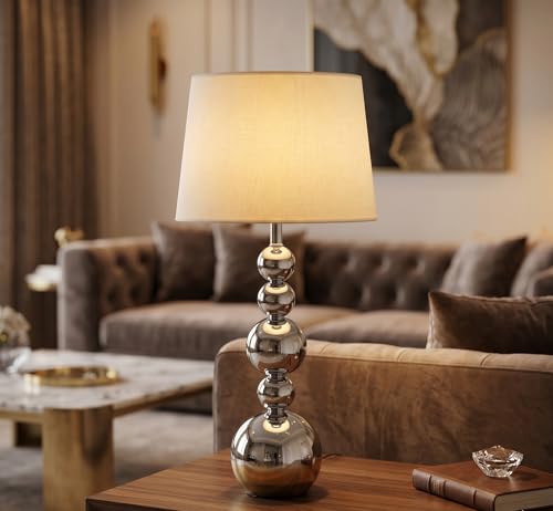 Image of Silver Metal Ball Table Lamp with Neutral Linen Shade - 5-Tier Spherical Base Design - Premium Brass Finish Accent Light for Modern Home Interiors & Bedside Tables