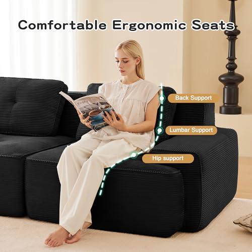 Image of 153 inch Extra Large 4-Seater Modular Boneless Couch, Luxury Corduroy Fabric, Deep Seat Cloud sectional Sofa with Buckle Connection, No Assembly Anti-Slip Couch for Big Living Room, Black