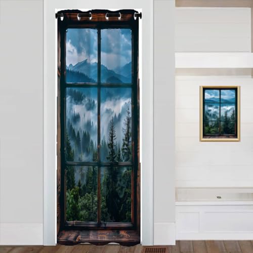 Chaohuan Misty Forest Landscape Door Curtain for Doorway, Wooden Forest Mountain Rustic Room Divider Curtain for Kids Boys Girls Teens Bedroom Living Room 1 Panel 34" W X 80" L