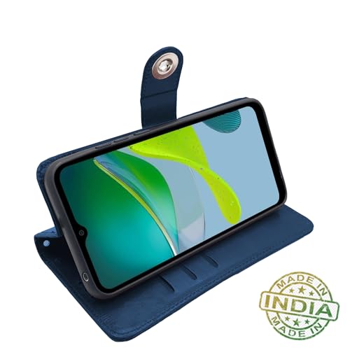 Image of Pikkme Motorola Moto E13 Flip Cover Leather Finish | Inside TPU with Card Pockets | Wallet Stand and Shock Proof | Complete Protection Button Flip Case (Blue)