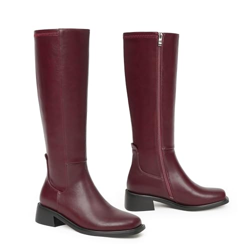 Image of QIY Knee High Boots for Women Low Heel Flat Tall Boots | Stretch Boots, Chunky Heel Womens Boots, Square Toe Heeled Fall Winter Dress Riding Long Boot with Side Zipper