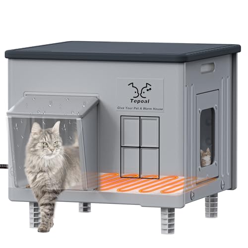 Indestructible Heated Cat House for Outside - Extremely Waterproof & Weatherproof Heated Outdoor Cat House with Escape Door for Winter, Insulated Feral Cat Shelter for Barns Strays, 17.7x15x17.5 in