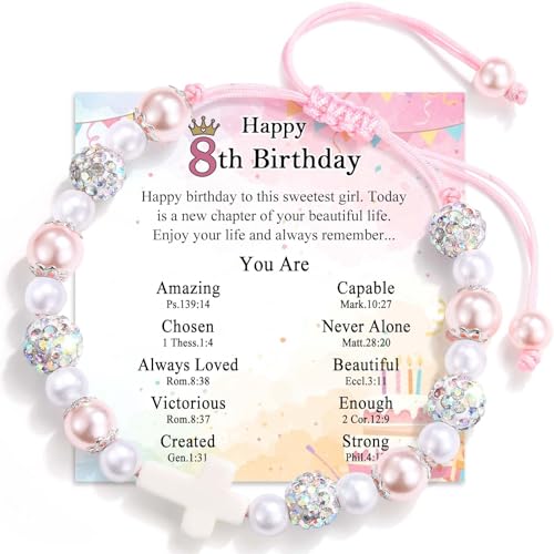3 4 5 6 7 8 Year Old Girl Birthday Gift, Cross Pearl Birthday Bracelet Gifts with Cute Happy 3rd 4th 5th 6th 7th 8th Birthday Card for Little Girls Daughter Granddaughter Sister Niece
