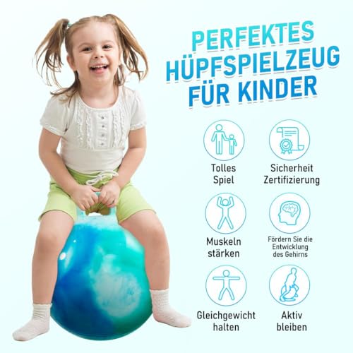 U&C Planet Hüpfball Aufblasbarer Hopperball mit Pumpe, 55 cm Hopper Ball für Kinder max. Belastbarkeit 100 KG, Spielzeug für Kinder 7-12 Jahre Drinnen & Draußen,Wolke blau