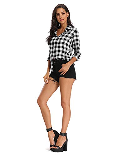 Aeslech Lightweight Plaid Shirts For Women Button Down Roll Up Sleeve Casual Tops Blouse B White Xs #TOP4