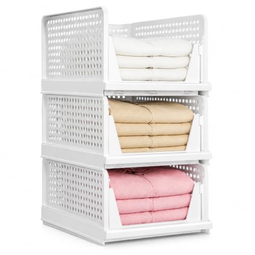 Image of MARKWELL 3 Layer Stackable Wardrobe Organizer for Clothes, Foldable Plastic Sliding Drawer Basket, Closet & Cupboard Storage for Shirts, Sarees, Towels & Toys, White, 44 x 33 x 19 cm