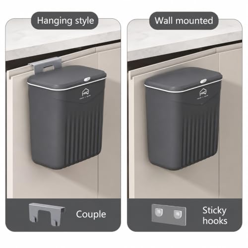 Image of House of Quirk 7L Hanging Kitchen Trash Can with Lid, Wall Mounted & Cabinet Door Waste Bin, Double-Sided Opening (Slate Grey)