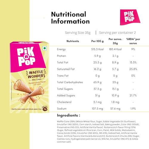 Image of Pik n Pop Butterscotch Mini Waffle Cones 70g (Pack of 2), Crispy Cones with Creamy Butterscotch Filling & Chunks, Whole Wheat, Non-Meltable Ready-to-Eat Snack, 100% Eggless