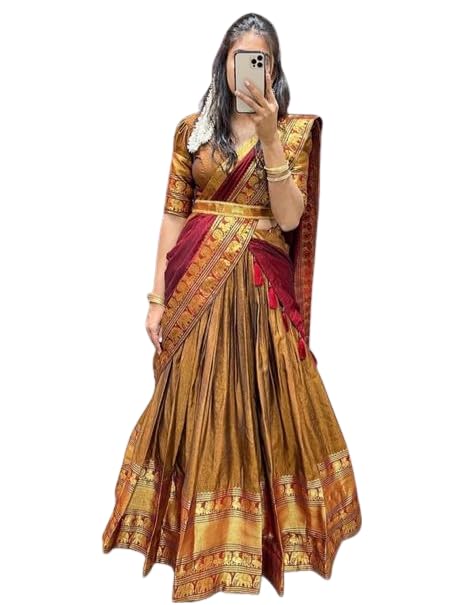 Image of RENVAANI Women's Traditional Kanjivaram Kanchipuram Silk Unstitched Lehenga Choli with Dupatta (MUSTARD MAROON)