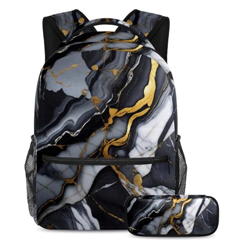 Ensemble sac à dos marbre noir et trousse pour école