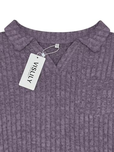 Image of VISLILY Womens-Plus-Size-Tops Collared V Neck Polo Shirts Lightweight Long Sleeve Sweaters Trendy Pocket Decor Tunic Blouses