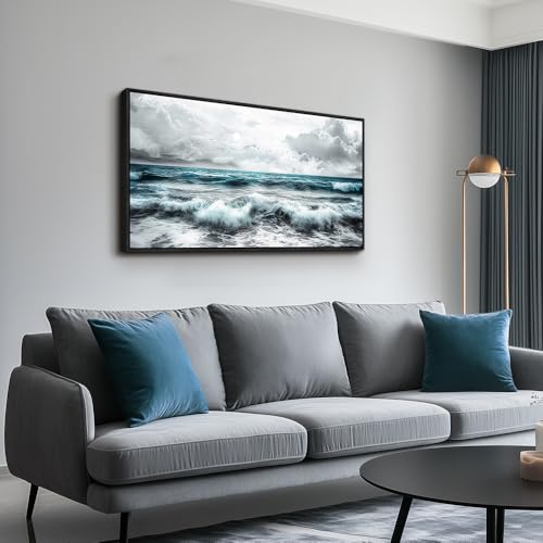 ERQINHUA Black And White Beach Canvas Wall Art For Living Room Wall Decoration For Bedroom Office Decor Blue Sea Wave Pictures Modern Hotel Room Home Decor Wall Painting Black Framed 20x40 In