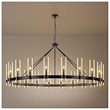 AEULYTIR 20-Lights Black Wagon Wheel Chandelier Modern Farmhouse with Glass Shade, 60 Inch Large Round Industrial High Ceilings Pendant Lighting Fixture for Dining Living Room, Kitchen Island, Foyer