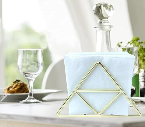 Image of Gold Metal Napkin Holder for Dining Table | Triangle Tissue Stand | Modern Kitchen & Tabletop Organizer for Home, Office, Restaurant