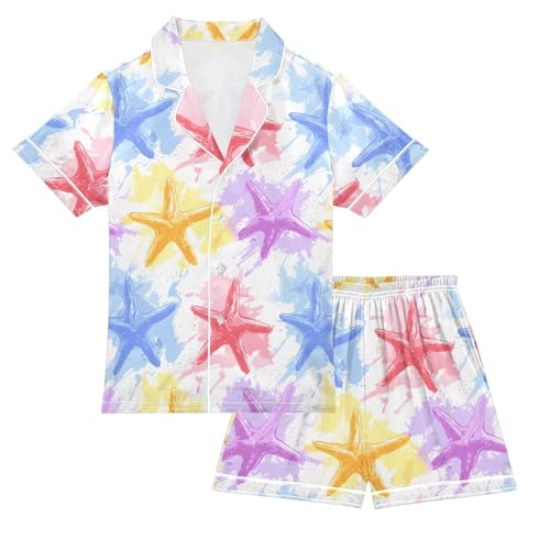 Watercolor Starfish Pattern Summer Satin Pajama Set, Cute Button-Down Sleepwear Pj Set for Sleep Wears
