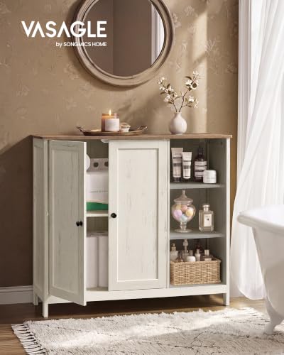 Image of VASAGLE Bathroom Floor Cabinet, Freestanding Storage Cabinet with 2 Doors and Adjustable Shelves, Organizer for Living Room, 35.4 x 11.8 x 31.5 inches, Rustic White and Honey Brown, Siren Collection | MDF Organizer, Adjustable Shelves, 35.4 x 11.8 x 31.5 inches, Rustic White and Honey Brown, SIREN Collection UBBK070WJ01S