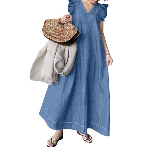 utcoco Womens Long Denim Dress Casual Loose Fit Ruffle Sleeveless V-Neck Jean Maxi Dresses for Women 2025
