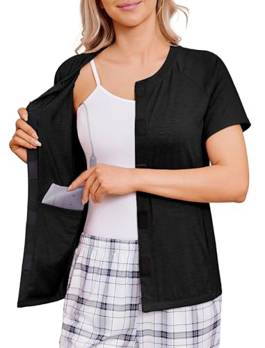 Deyeek Mastectomy Shirts with Drain Pockets for Women Short Sleeve Shirt Chemotherapy Must Haves Black