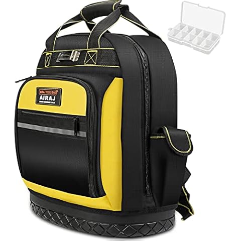 AIRAJ Tool Backpack,Durable Tool Bag Backpack with Molded Hard Waterproof Bottom and Waist Support,Heavy Duty Backpack for storing tools,Tool Backpack Bag for Electricians,Plumbers,Construction Worker Cover